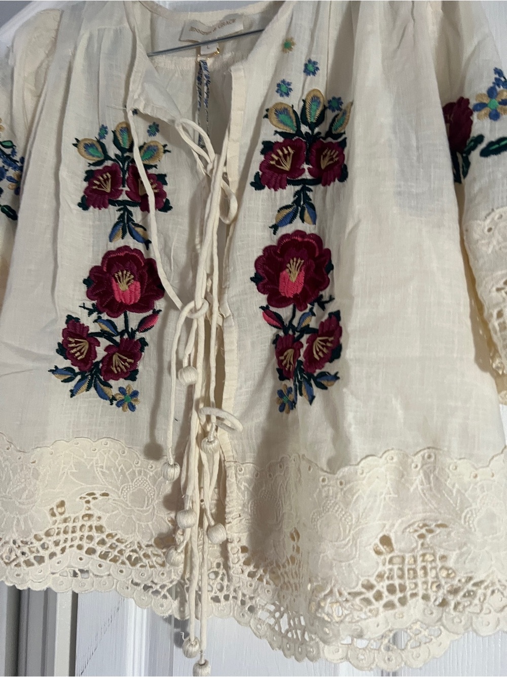 Embroidered Cream Peasant Blouse with Lace Trim - Picture 8 of 13